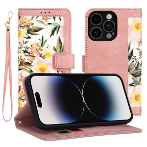 Husa pentru iPhone 14 Pro din Piele Ecologică cu Design Floral, Protecție 360°, Stand Integrat, Buzunare pentru Carduri, SKDR Floral Wallet - Roz