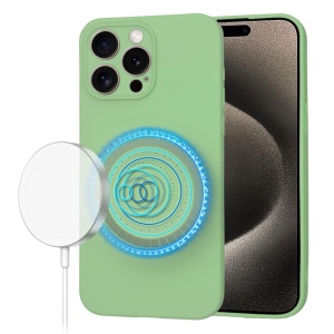 Husa pentru iPhone 15 Pro Max, SKYDDAR INNOVATION, din Silicon Catifelat, SoftFlex Magsafe, Verde deschis, set cu sticker