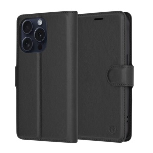 Husa pentru iPhone 15 Pro, SKYDDAR INNOVATION, Leather Folio, tip Carte, cu Portofel Interior, Finisaje Premium, Negru, set cu sticker