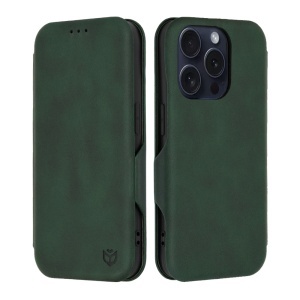 Husa pentru iPhone 15 Pro, SKYDDAR INNOVATION, Safe Wallet tip carte din Piele Ecologica, Suport Carduri, Inchidere Magnetica, Verde, set cu sticker
