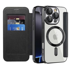 Husa pentru iPhone 16 Pro Max tip carte, SKYDDAR INOVATION, SmartMag Book, Magsafe, RFiD, Suport Carduri, set cu sticker, Negru