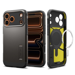 Husa pentru iPhone 17 Pro, Antisoc, Spigen Tough Armor T MagSafe, Cenusiu