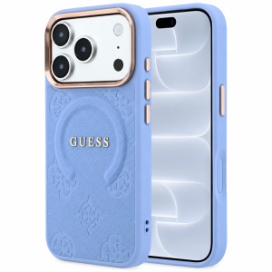 Husa pentru iPhone 18 Pro / iPhone 17 Pro - Guess Saffiano Peony & Ring MagSafe - Light Blue
