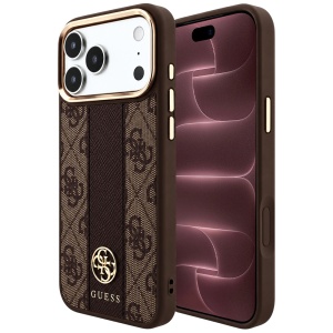 Husa pentru iPhone 18 Pro Max / iPhone 17 Pro Max - Guess Leather 4G Stripe Round Classic Logo MagSafe - Brown