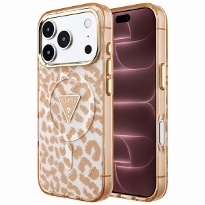Husa pentru iPhone 18 Pro Max / iPhone 17 Pro Max - Guess Leopard Glitter Triangle Logo MagSafe - Brown
