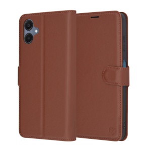 Husa pentru Samsung Galaxy A06, SKYDDAR INNOVATION, Leather Folio, tip Carte, cu Portofel Interior, Finisaje Premium, Maro, set cu sticker