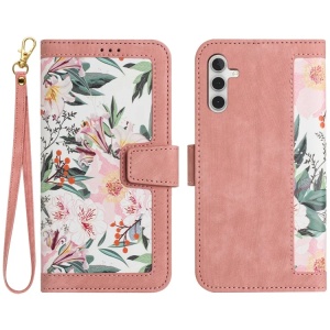 Husa pentru Samsung Galaxy A15 4G / Galaxy A15 5G din Piele Ecologică cu Design Floral, Protecție 360°, Stand Integrat, Buzunare pentru Carduri, SKDR Floral Wallet - Roz