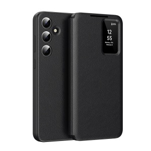 Husa pentru Samsung Galaxy A16 4G / Galaxy A16 5G tip carte, Skyddar, cu portofel si SmartView, Premium, set cu sticker, Negru