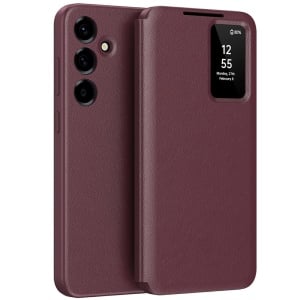 Husa pentru Samsung Galaxy A57 5G tip carte, Skyddar, cu portofel si SmartView, Premium, set cu sticker, Rosu