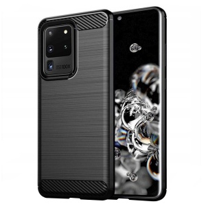 Husa pentru Samsung Galaxy S20 Ultra 5G / Galaxy S20 Ultra, SKYDDAR INNOVATION, Carbon Silicone, din Silicon Slim, cu textura Fibra Carbon, set cu sticker, Negru