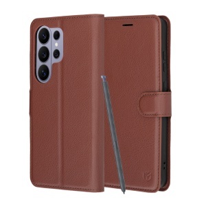 Husa pentru Samsung Galaxy S26 Ultra, SKYDDAR INNOVATION, Leather Folio tip Carte, cu Portofel Interior, Finisaje Premium, set cu sticker, Maro