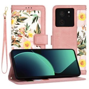  Husa pentru Xiaomi 13T / 13T Pro din Piele Ecologică cu Design Floral, Protecție 360°, Stand Integrat, Buzunare pentru Carduri, SKDR Floral Wallet - Roz - Img 1