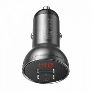 Incarcator auto, display voltaj, 2x USB 4.8 A, 24W, Baseus - Negru