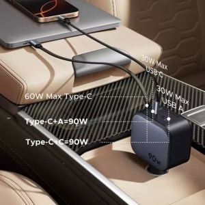 Incarcator pentru Masina, Cablu Retractabil USB-C, USB-C/A, 90W, Quick Charger, 70cm, Ugreen EC603, Negru - Img 4