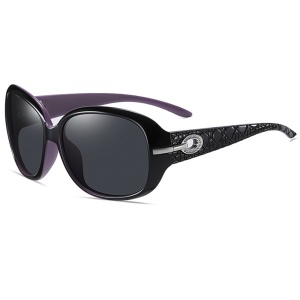 Ochelari de soare dama, protectie UV, rotunzi, Filtru UV 400, design rama, set cu sticker, Negru;gri;mov