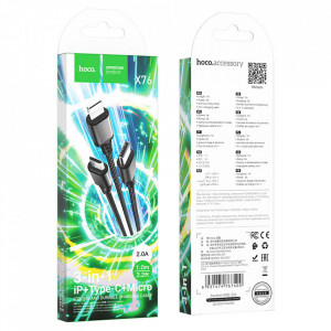 Cablu de Date 3in1 USB la Type-C, Micro-USB, Lightning, Fast Charging 2A, 1m, Hoco - Negru - Img 6
