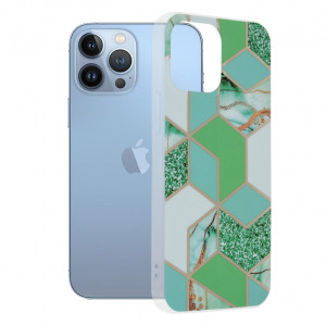 Husa iPhone 13 Pro Max Marble Series, Techsuit - Green Hex - Img 1