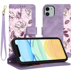 Husa pentru iPhone 11 din Piele Ecologică cu Design Floral, Protecție 360°, Stand Integrat, Buzunare pentru Carduri, SKDR Floral Wallet - Mov - Img 1