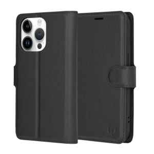 Husa pentru iPhone 14 Pro, SKYDDAR INNOVATION, Leather Folio, tip Carte, cu Portofel Interior, Finisaje Premium, Negru, set cu sticker  - Img 1