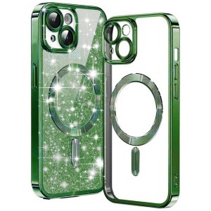 Husa pentru iPhone 15 Plus, SKYDDAR INNOVATION, Luxury Glitter Magsafe, Antisoc, Fundal Detasabil 2-in-1, Protectie Superioara, Margini Ridicate, Verde, set cu sticker