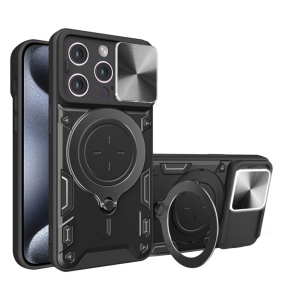 Husa pentru iPhone 15 Pro Max, SKYDDAR INNOVATION, CamGuard Pro, Inel Magnetic, Protectie Camera, Negru, set cu sticker