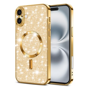 Husa pentru iPhone 16 Plus, SKYDDAR INNOVATION, Luxury Glitter Magsafe, Antisoc, Fundal Detasabil 2-in-1, Protectie Superioara, Margini Ridicate, Auriu, set cu sticker