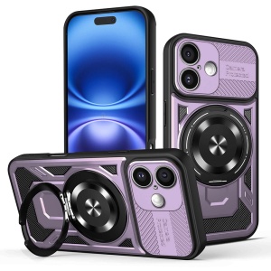 Husa pentru iPhone 16 Plus, SKYDDAR INNOVATION, RuggedCam, Inel magnetic antisoc, set cu sticker, Mov