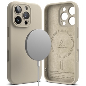 Husa pentru iPhone 16 Pro, Antisoc Silicon, Policarbonat, Ringke, Silicone Magnetic MagSafe, Crem