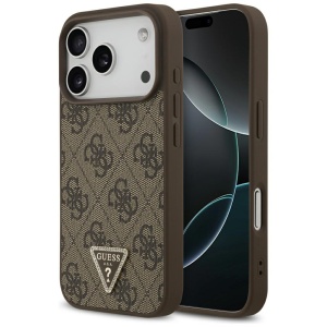Husa pentru iPhone 17 Pro, Guess, Leather 4G Triangle Strass, Maro