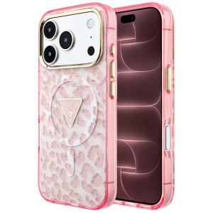 Husa pentru iPhone 18 Pro Max / iPhone 17 Pro Max - Guess Leopard Glitter Triangle Logo MagSafe - Pink