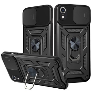 Husa pentru iPhone XR, SKYDDAR INNOVATION, CamShield, Inel magnetic, set cu sticker, Negru