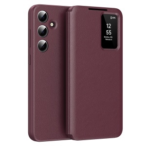 Husa pentru Samsung Galaxy A55 5G tip carte, Skyddar, cu portofel si SmartView, Premium, set cu sticker, Rosu