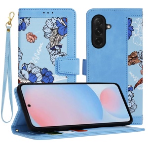 Husa pentru Samsung Galaxy A56 5G din Piele Ecologică cu Design Floral, Protecție 360°, Stand Integrat, Buzunare pentru Carduri, Floral Wallet - Bleu