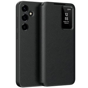 Husa pentru Samsung Galaxy A57 5G tip carte, Skyddar, cu portofel si SmartView, Premium, set cu sticker, Negru