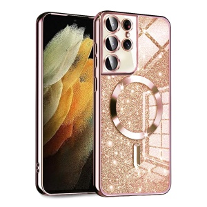 Husa pentru Samsung Galaxy S21 Ultra 5G, SKYDDAR INNOVATION, Luxury Glitter Magsafe, Antisoc, Fundal Detasabil 2-in-1, Margini Ridicate, set cu sticker, Roz auriu