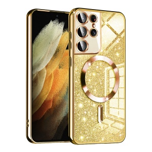 Husa pentru Samsung Galaxy S21 Ultra 5G, SKYDDAR INNOVATION, Luxury Glitter Magsafe, Antisoc, Fundal Detasabil 2-in-1, Margini Ridicate, set cu sticker, Auriu
