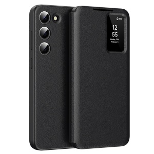 Husa pentru Samsung Galaxy S23 Plus tip carte, Skyddar, cu portofel si SmartView, Premium, set cu sticker, Negru