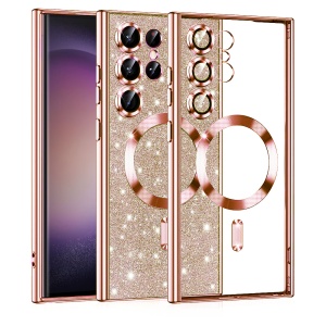 Husa pentru Samsung Galaxy S23 Ultra, SKYDDAR INNOVATION, Luxury Glitter Magsafe, Antisoc, Fundal Detasabil 2-in-1, Margini Ridicate, set cu sticker, Roz auriu