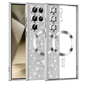 Husa pentru Samsung Galaxy S24 Ultra, SKYDDAR INNOVATION, Luxury Glitter Magsafe, Antisoc, Fundal Detasabil 2-in-1, Margini Ridicate, set cu sticker, Argintiu