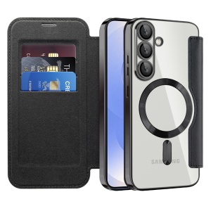 Husa pentru Samsung Galaxy S25 Plus tip carte, SKYDDAR INOVATION, SmartMag Book, Magsafe, RFiD, Suport Carduri, set cu sticker, Negru