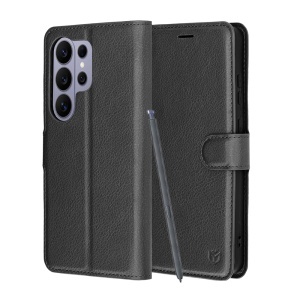 Husa pentru Samsung Galaxy S26 Ultra, SKYDDAR INNOVATION, Leather Folio tip Carte, cu Portofel Interior, Finisaje Premium, set cu sticker, Negru