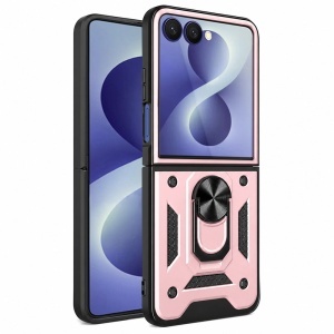 Husa pentru Samsung Galaxy Z Flip8, protectie camere, Inel magnetic, set cu sticker, CamShield, Roz