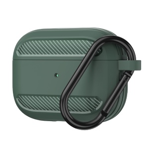 Husa Protectie pentru AirPods 3, din Fibra de Carbon Silicon, cu Breloc Carabina, Incarcare Wireless, EarSafe - Verde