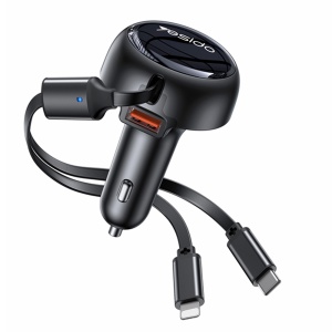 Incarcator auto, 2 Cabluri Retractabile Type-C si Lightning, 53W, USB-A, Yesido, Negru