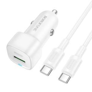 Incarcator Auto 38W Dual Port (Type-C PD20W + USB-A QC3.0) cu Cablu Type-C Inclus Borofone BZ34B, ABS, Alb