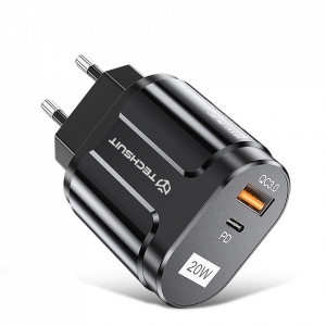 Incarcator priza QC 3.0, 20W, USB-A, USB-C, Techsuit Premium - Negru