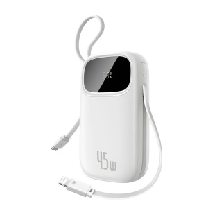Power Bank 10000mAh 45W cu Cablu USB-C + Lightning, Fast Charging si Afisaj Digital, Baseus EnerFill FC31 Qpow 3, Alb