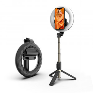 Selfie stick cu trepied si Ring LED, dimensiune 80cm, telecomanda Bluetooth, Skyddar Self - Negru - Img 2