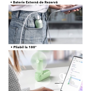 Ventilator Ultra Portabil 3 in 1, De Mână, De Birou, De Gât, 3 Trepte Viteza, Pliabil cu baterie Portabila 2000mAh, Autonomie 20h, SKDR AirMini - Verde - Img 4