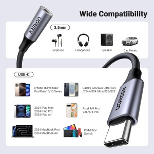 Adaptor Audio Type-C la Jack 10cm, Ugreen AV161, Gri - Img 8